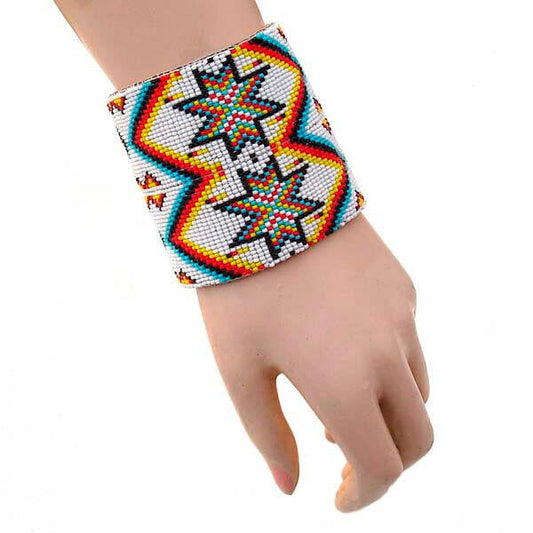 Handmade Beaded Adjustable Ethnic White Multi-Color Beaded Wide Leather Cuff Bracelet - Unique and Eclectic Bohemian Jewelry
