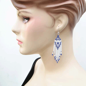Handmade Beaded Metallic Blue White Seed Bead Earrings