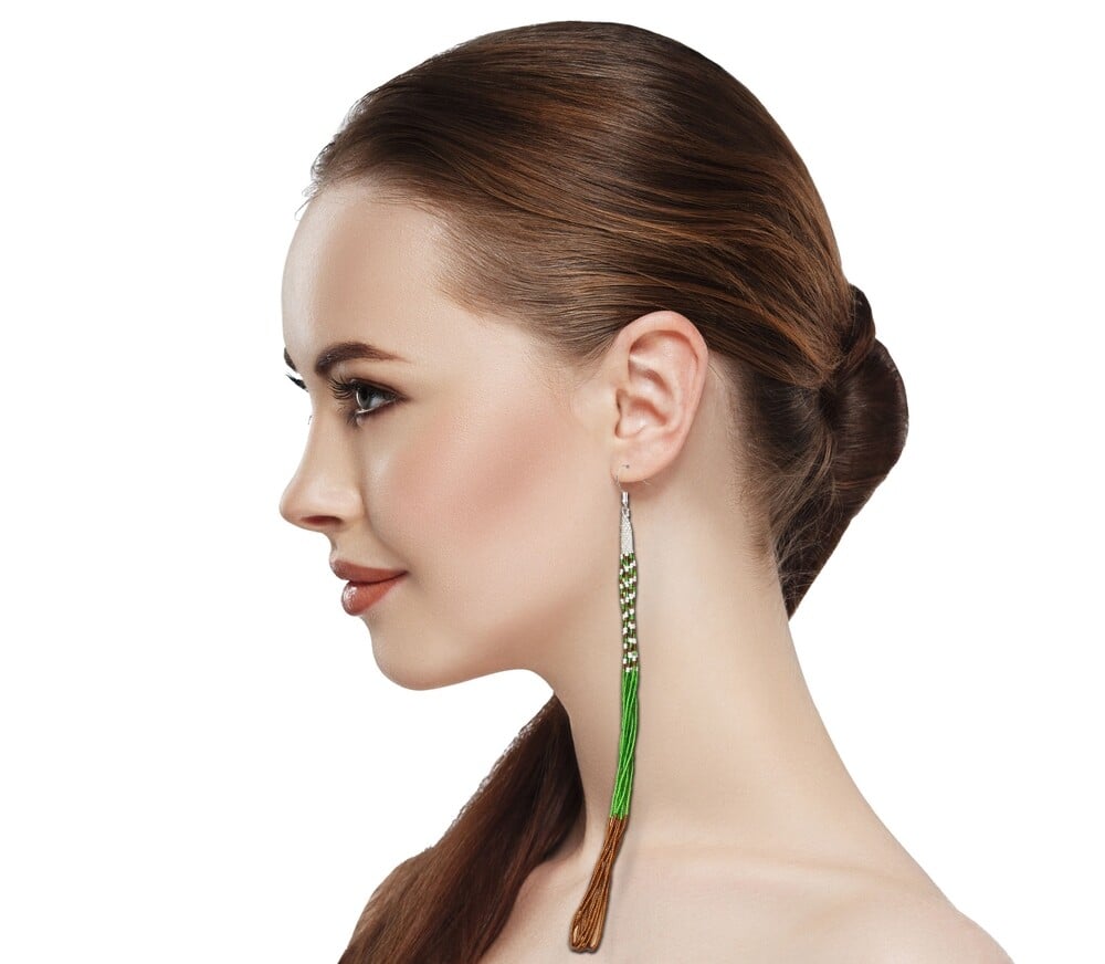 Green Glass Seed Beads Beaded Extra Long Earrings 7.5 Inch