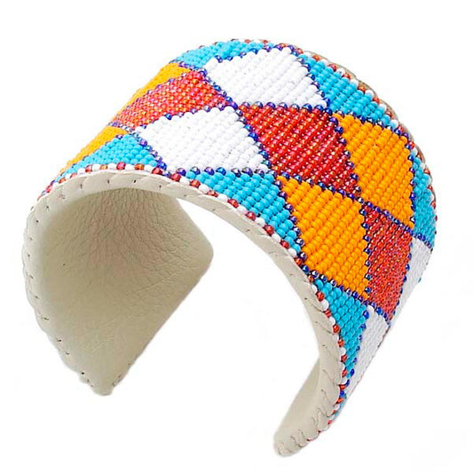Orange Blue White Seed Beaded Bikers Unisex Hard Cuff Bracelet