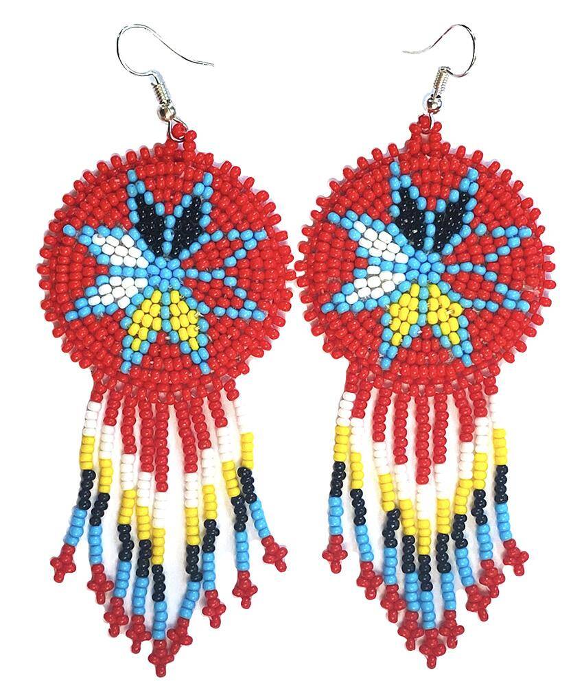 Handmade Beaded Red 4 Directions Color Round Fringe Hook Earrings