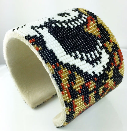 Skull Pattern Adjustable Handmade Beaded Bracelet - Wide Leather Cuff