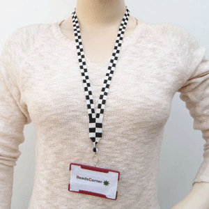 Black White Glass Beads Chess Beaded Lanyard Id Holder