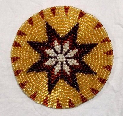 Golden Sunburst Beaded Rosette – Handmade 2.7” Round Appliqué for Regalia, Hair Accessories & Jewelry