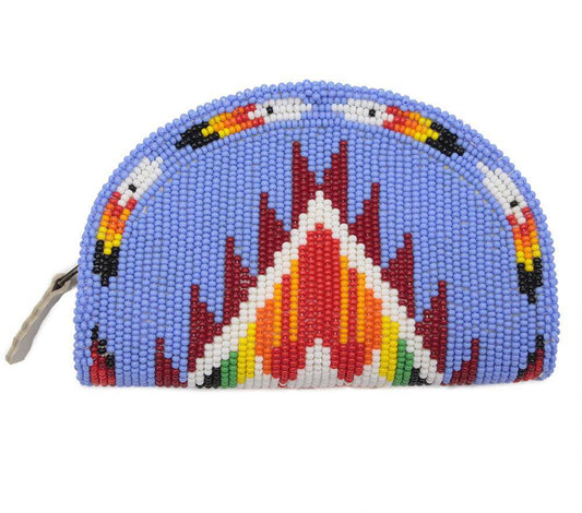 Hand Beaded Native American Inspired Ethnic Style Seed Bead Coin Purse - Blue Red
