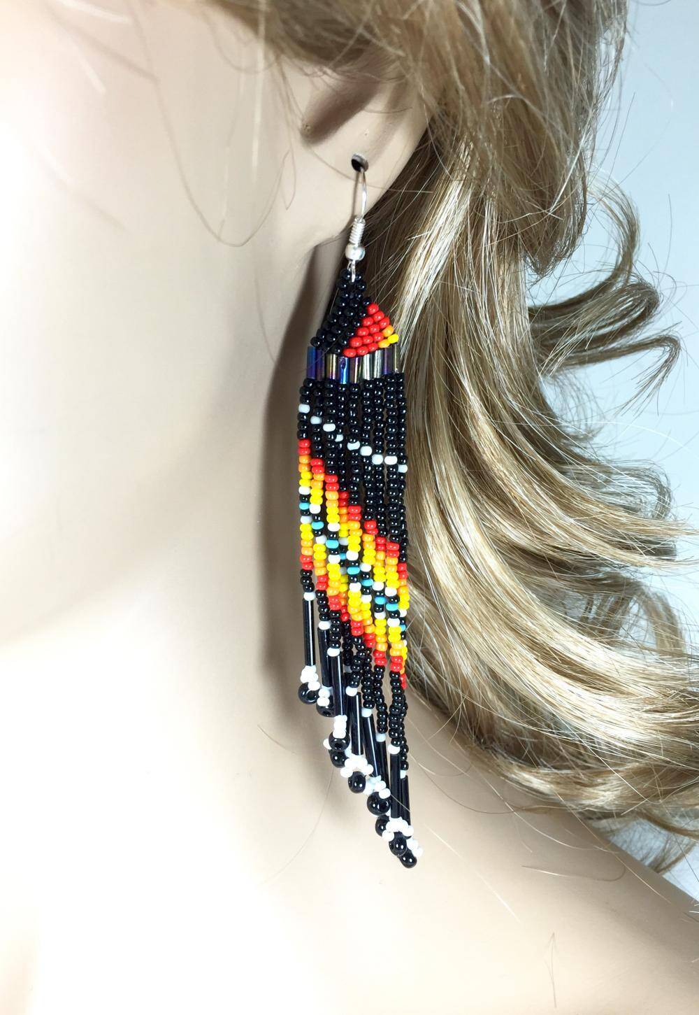 Black Multicolored Handmade Beaded Chandelier Earrings