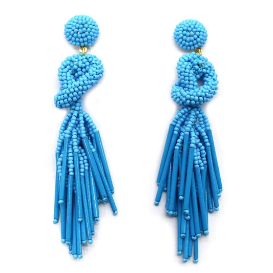Handmade Beaded Solid Color Post Statement Earrings for Women Girl All Season - 4 inch Long Dangle with Celtic Knot Design - Czech Seed Beads - Cyan Blue