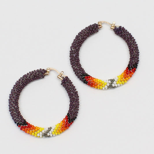 Handmade beaded Purple Multicolor Native-Style Hoop Earrings 2”