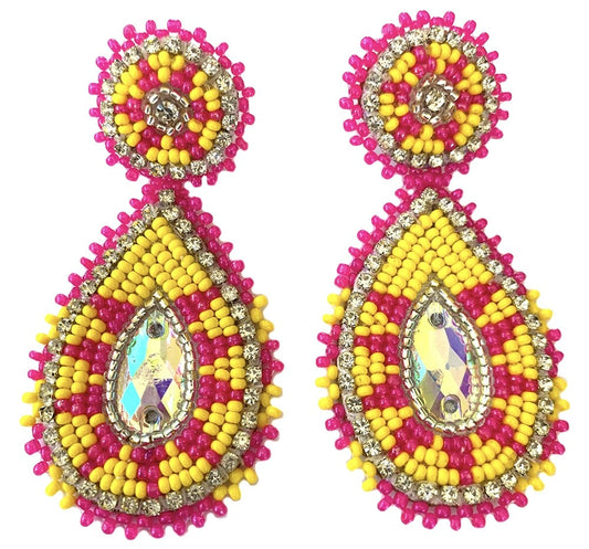 Handmade Beaded Teardrop Shape Post Earrings with Czech Seed Beads - 3 Inches Long, 1.5 Inch Wide - Yellow Pink
