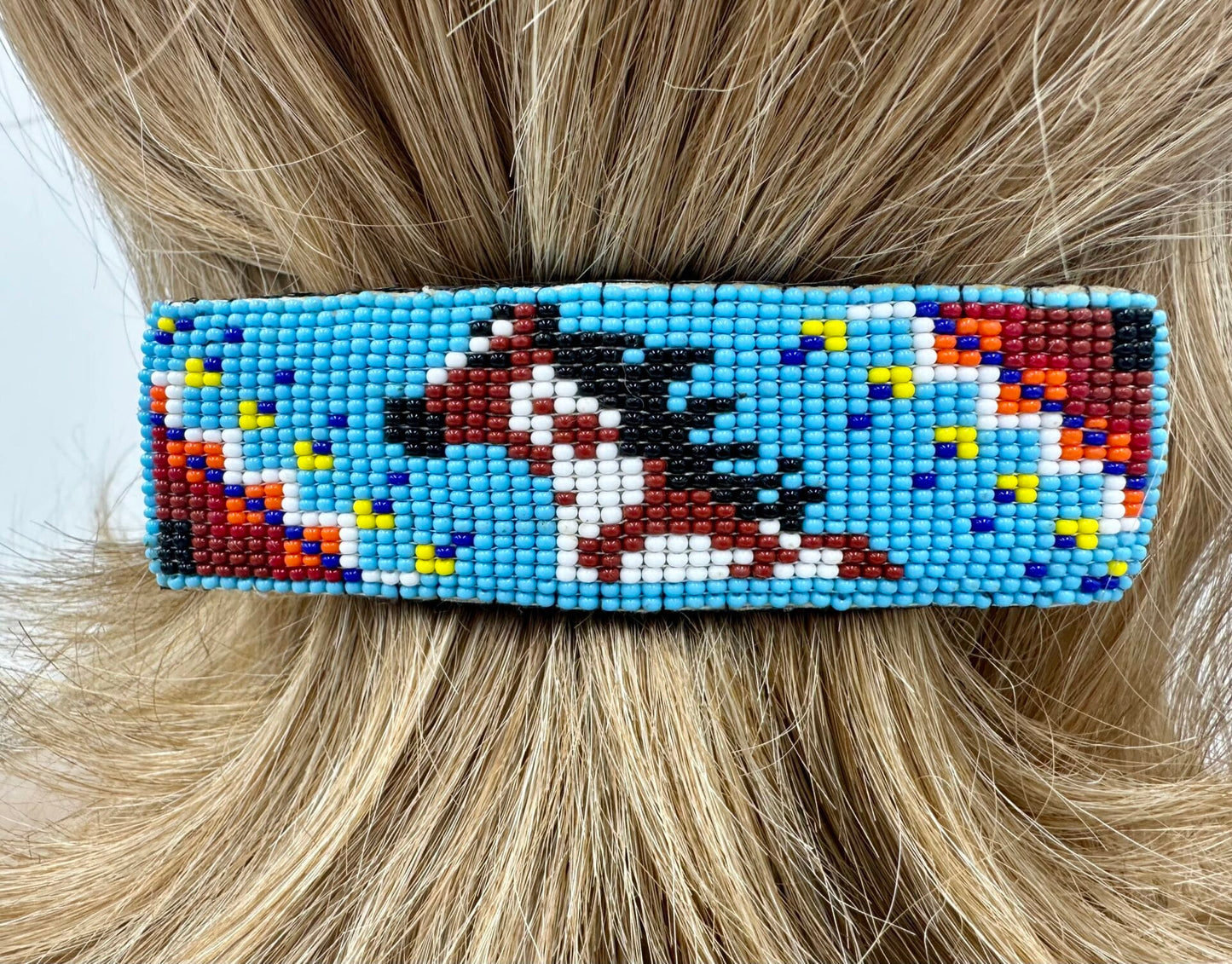 Handmade Beaded Cyan Blue and Brown Barrette with Horse Pattern