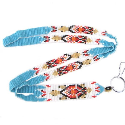 Handmade Beaded Turtle Pattern Seed Beaded Lanyard ID Holder - Cyan Blue, White, Red, Gold