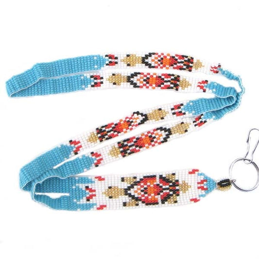 Handmade Beaded Turtle Pattern Seed Beaded Lanyard ID Holder - Cyan Blue, White, Red, Gold