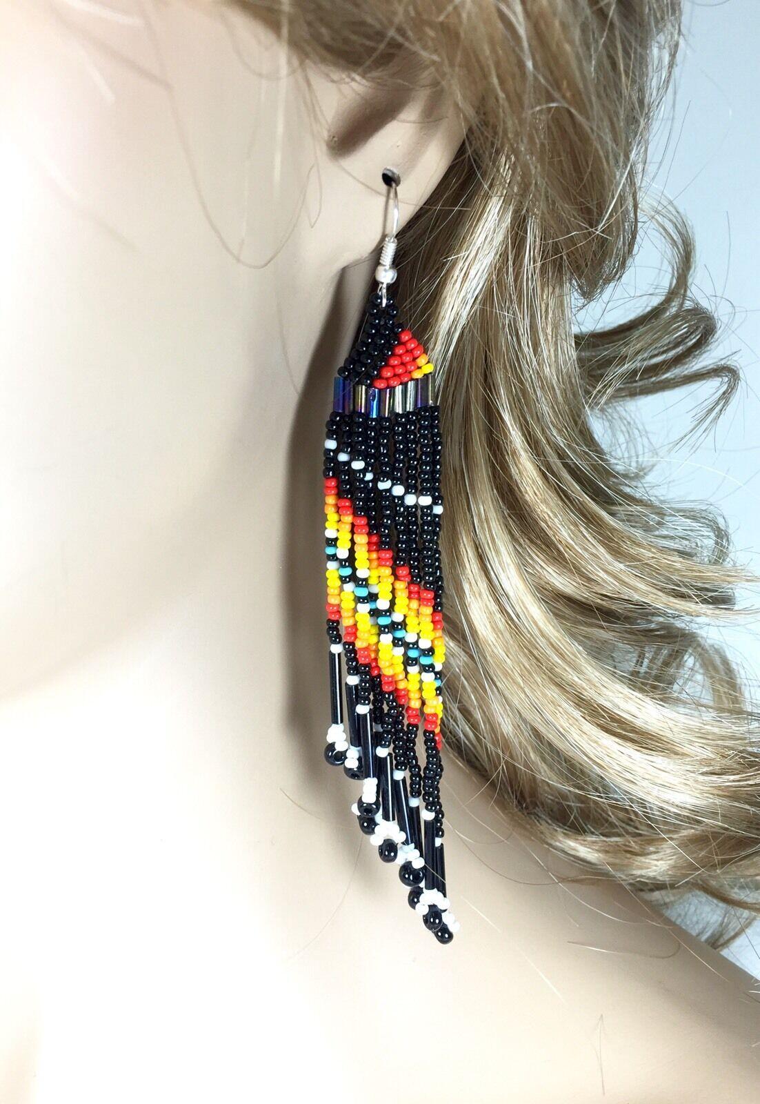 Black Multicolored Seed Beaded Earrings Handmade
