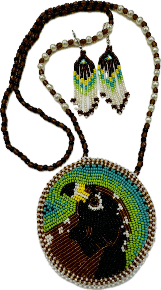 Handmade beaded Hawk Brown necklace earrings set