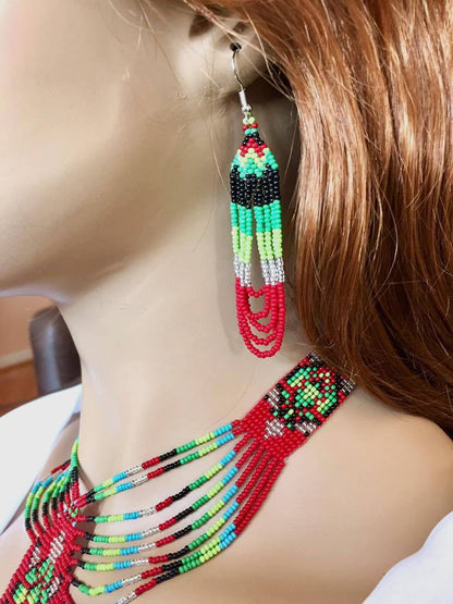 Turtle Beadwork Red Green Gold Beaded Lariat Necklace Earrings Set