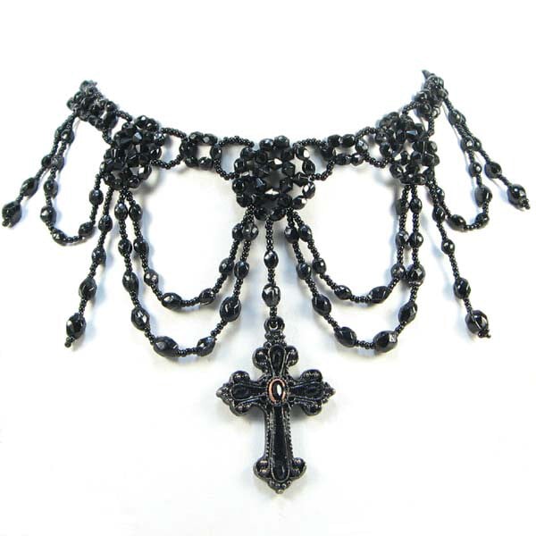 Black Victorian Grand Cross Beaded Choker Necklace