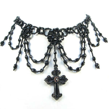 Black Victorian Grand Cross Beaded Choker Necklace
