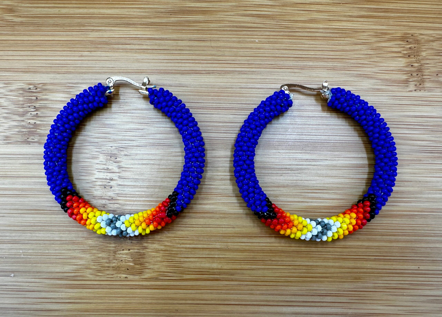 Handmade beaded 2 inch Deep Blue Native style hoop earrings