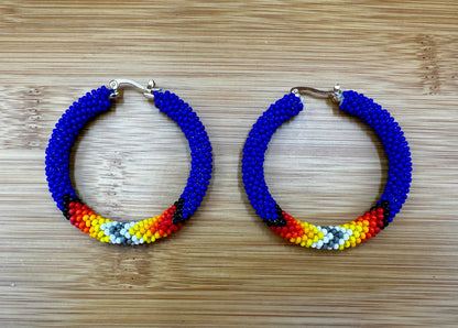 Handmade beaded 2 inch Deep Blue Native style hoop earrings