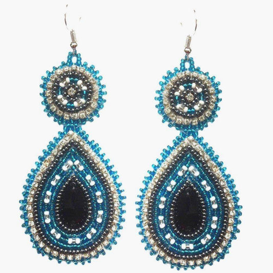 Handmade Beaded Teardrop Czech Earrings - 3.5 Inches Long, Blue Gray