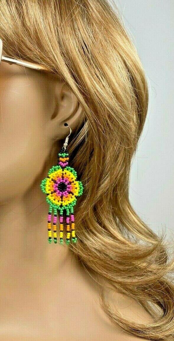 Native Style Handmade Ethnic Flower Green Beaded Chandelier Earrings E61/10