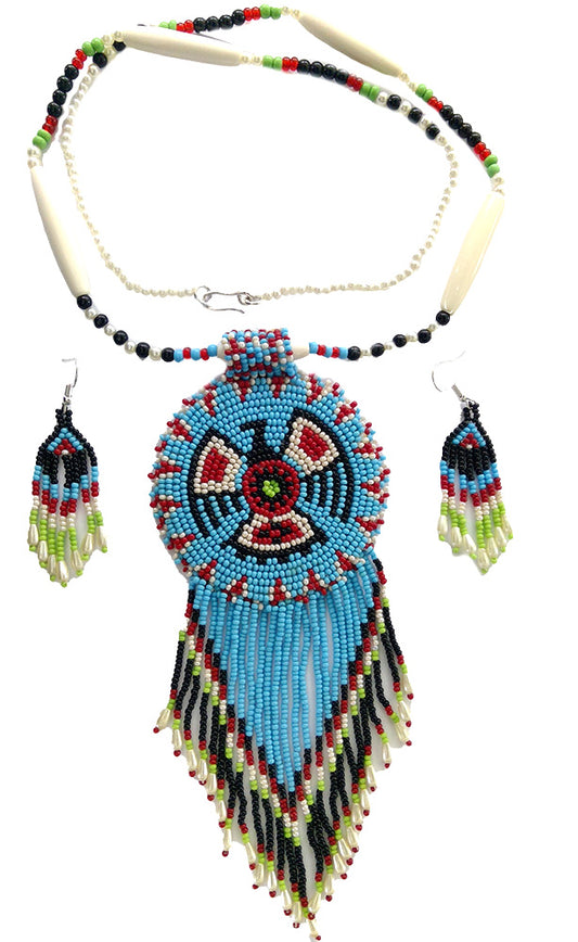Turquoise Seed Beads Long Medallion Eagle Beaded Necklace Earrings Set