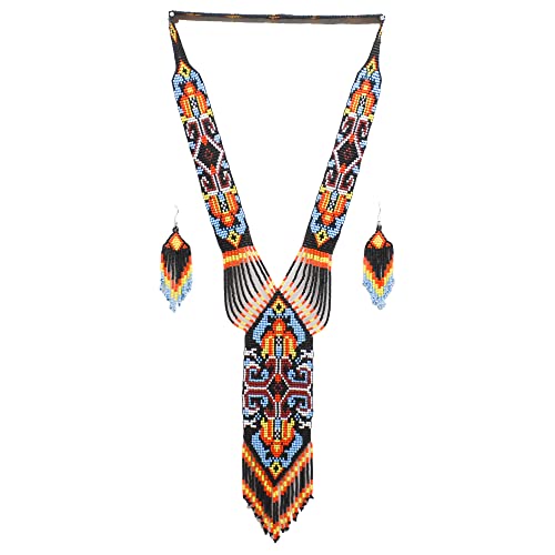 Native Tribal Style Long Statement Beaded Necklace for Women Y Shape - Black Blue Southwest
