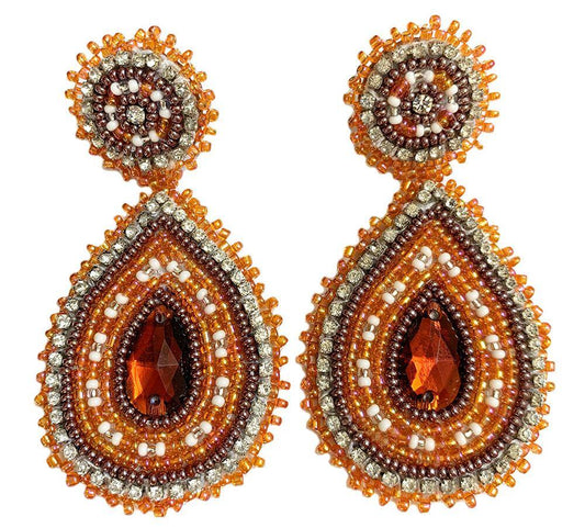 Handmade Beaded Teardrop Shape Post Earrings with Czech Seed Beads - 3 Inches Long, 1.5 Inch Wide - Orange