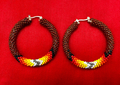 Handmade beaded 2 inch Brown Native style Hoop earrings