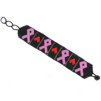 Black Red Golden Seed Beaded Pink Ribbon Breast Cancer Awareness Bracelet