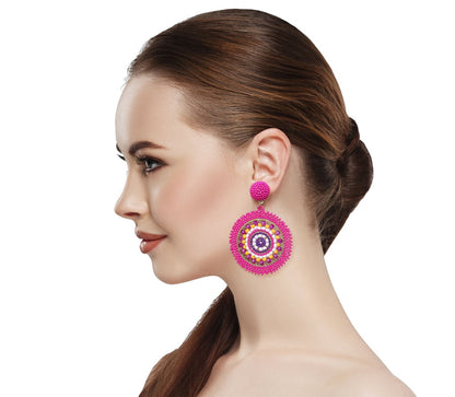 Handmade Beaded Bright Neon Colorful Post Round Earrings for Women Girl All Season (Fuschia)