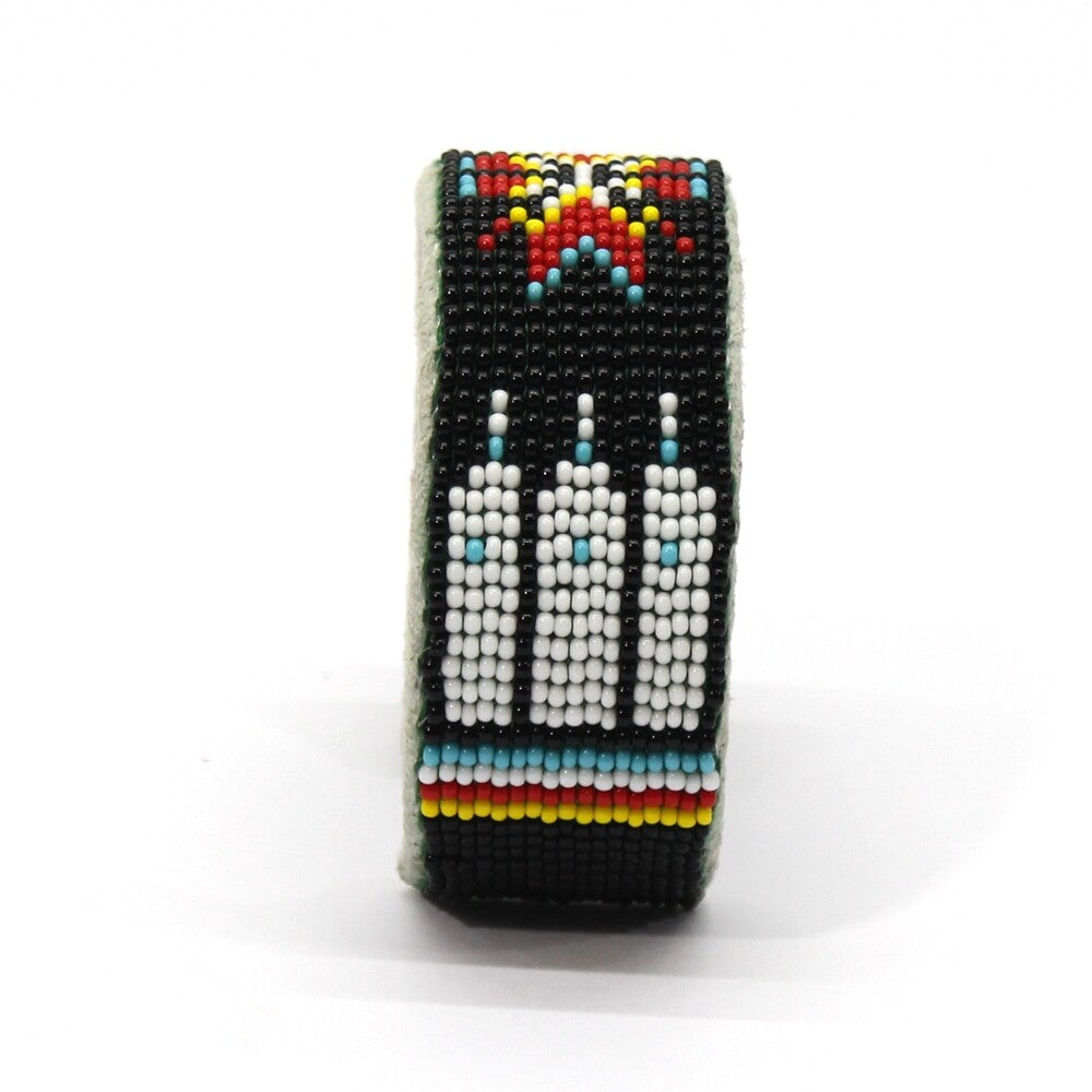 Adjustable Black Red Fire Pattern Hard Cuff Beaded Handmade Bracelet - 34.0 grams, 6.5 inch length