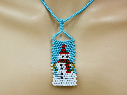 Handmade Beaded Christmas Snowman Long Necklace Earrings Set