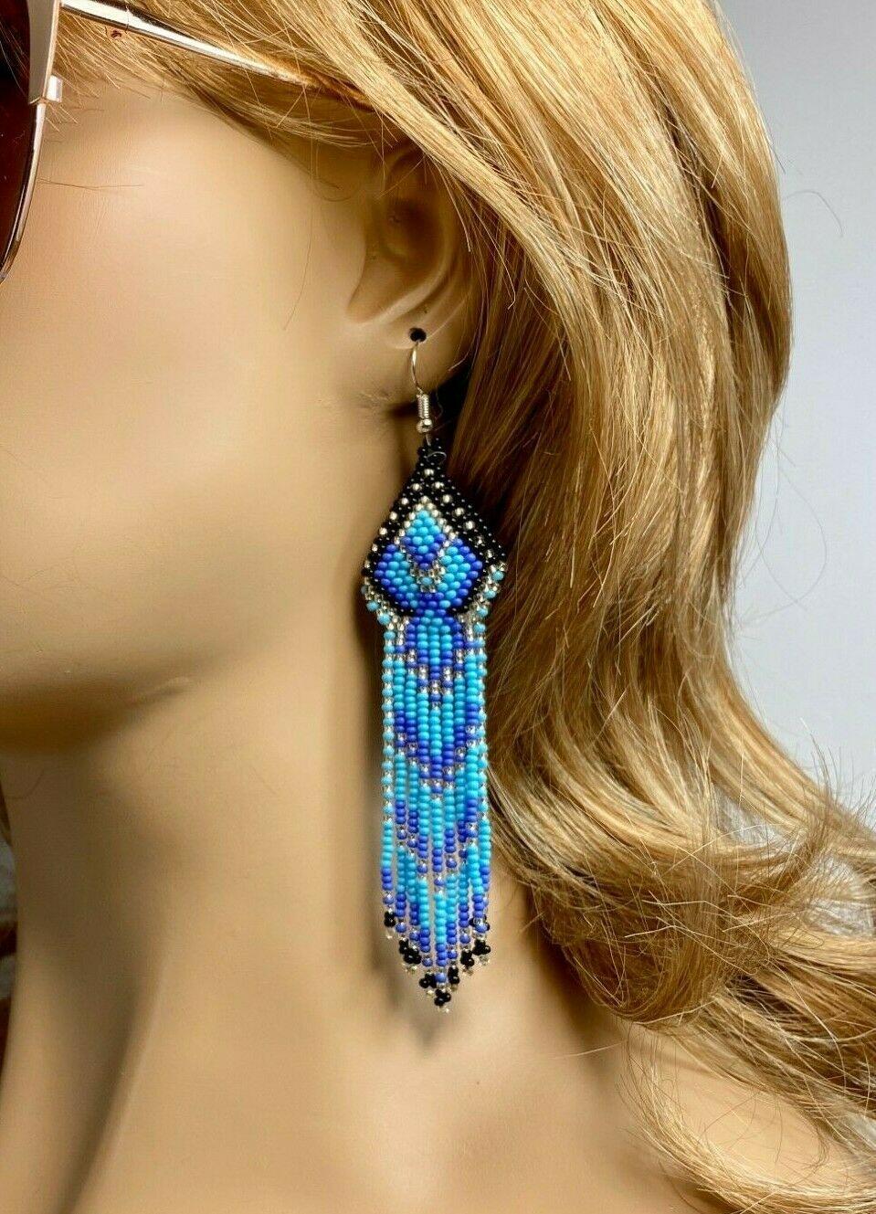 Native Style Ethnic Blue Black Seed Beaded Handmade Chandelier Earrings E61/11