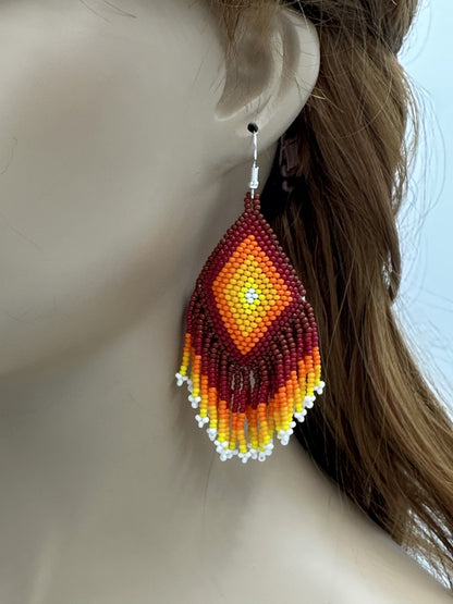Handmade Beaded Brown Seed Bead Big Earrings