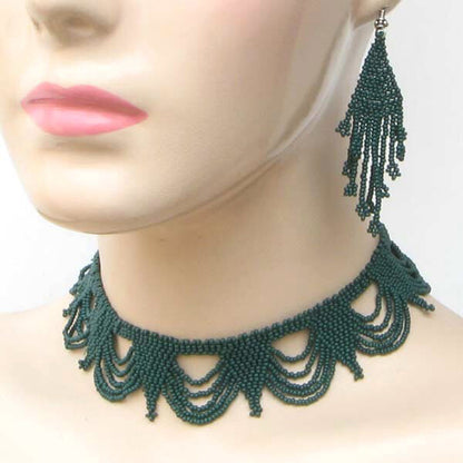 Handmade Beaded Green Seed Bead Bib Necklace Earrings Set