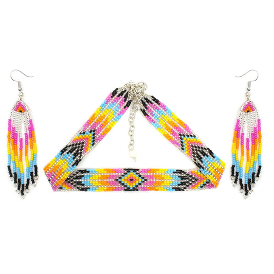 Vibrant Pink, Orange &amp; Yellow Beaded Choker Necklace &amp; Earrings Set