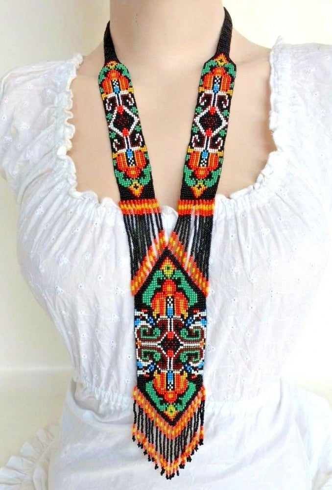 New Handmade Black Multi-Colored Long Necklace Earring Set