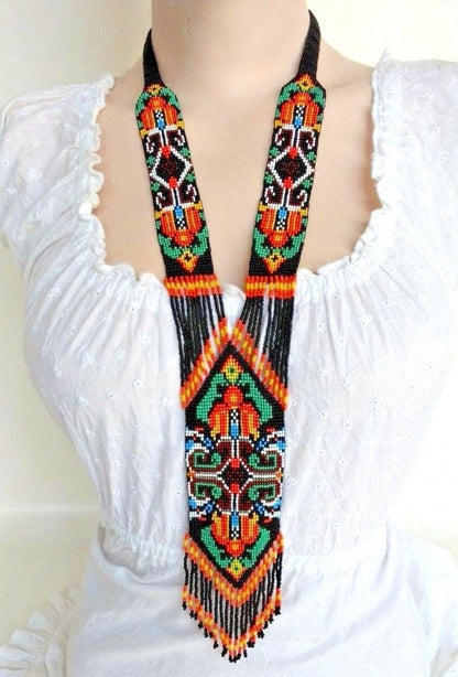 New Handmade Black Multi-Colored Long Necklace Earring Set