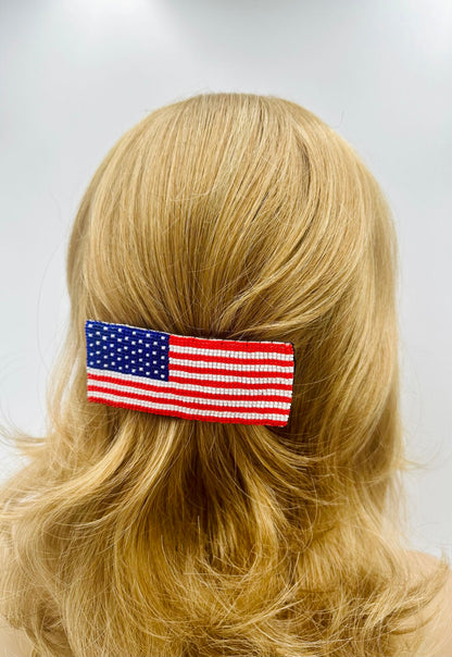 Handmade Patriotic American Flag Red White Blue Barrette
