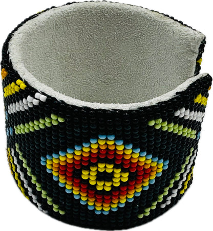 Handmade beaded Black Multicolored leather cuff bracelet