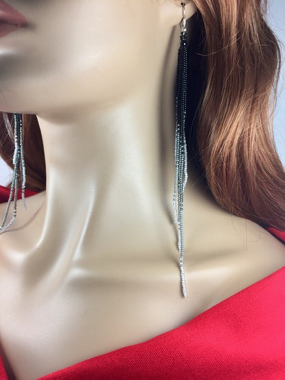 Handcrafted Beaded Black Grey Yellow Extra Long Earrings