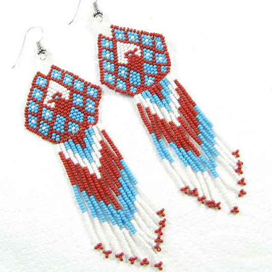 Coral Red Turquoise Blue White Beaded Bird Earrings Handmade Bead