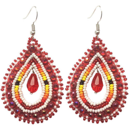 Handmade Teardrop Small Czech Seed Bead Earrings - 2.5 inch long - Red Cream