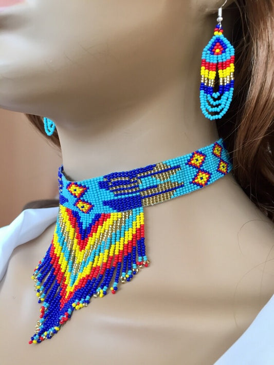 Vibrant Blue Multi-Color Beaded Choker Necklace Earrings Set