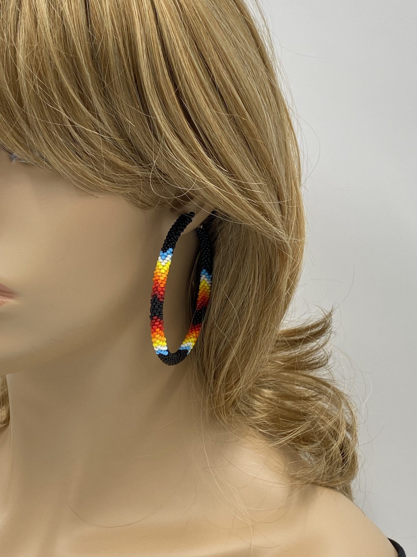 Handmade Native Style 3 Inch Hoop Earrings with Czech Seed Beads - Black Fire