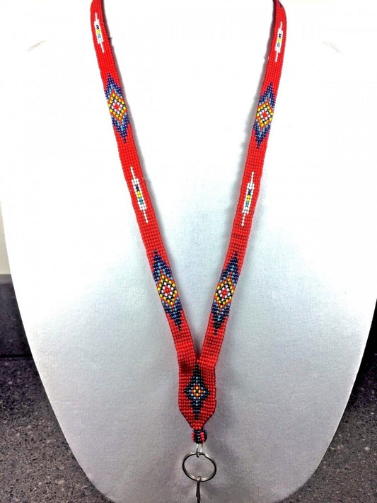 Handmade Native Inspired Red Blue Id Holder/Lanyard