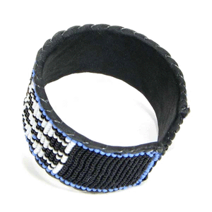 Handmade Beaded Blue Leather Medicine Man'S Eye Hard Cuff Bracelet