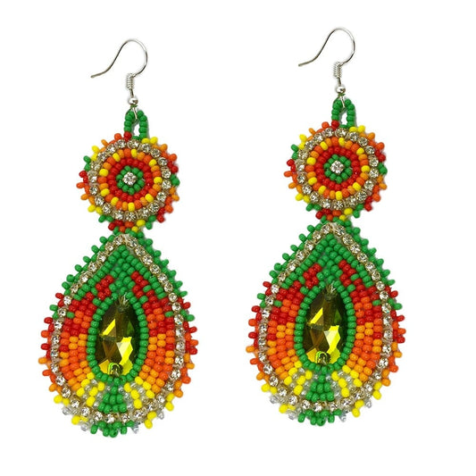 Handmade Beaded Green Orange Dangle Fashion Hook Earrings