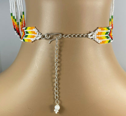 Handmade Beaded White Orange Yellow Choker Necklace Earrings Set